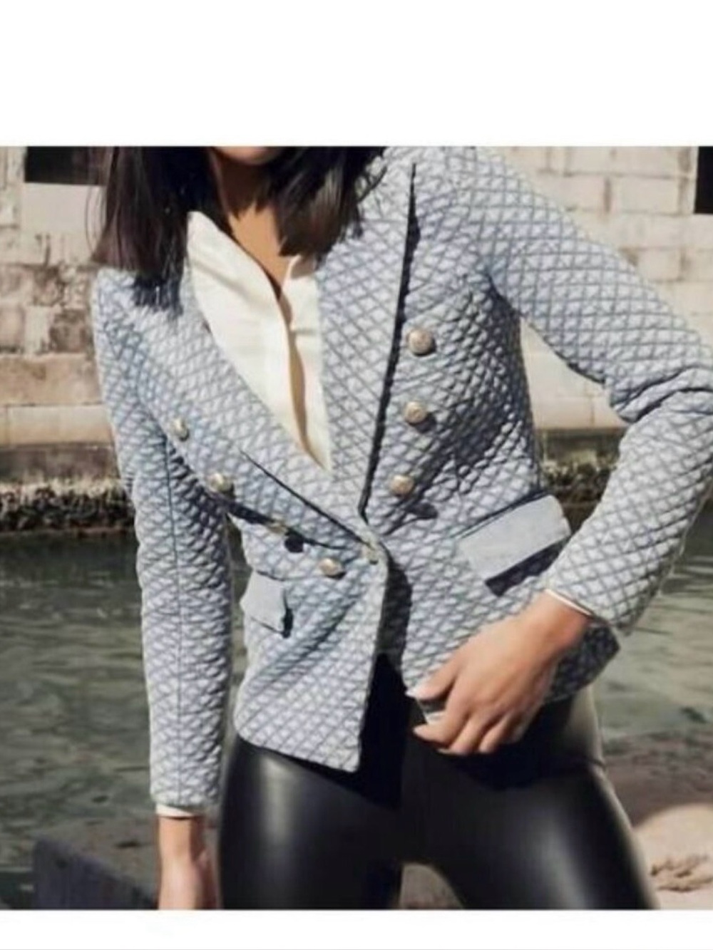 Generation love Textured Light Blue Double-Breasted Women's Blazer
